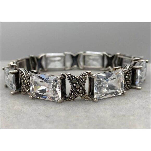 Sterling Jewelry - Gorgeous 925 SS Emerald Cut Sim Diamond & Marcasite Accent Link Bracelet